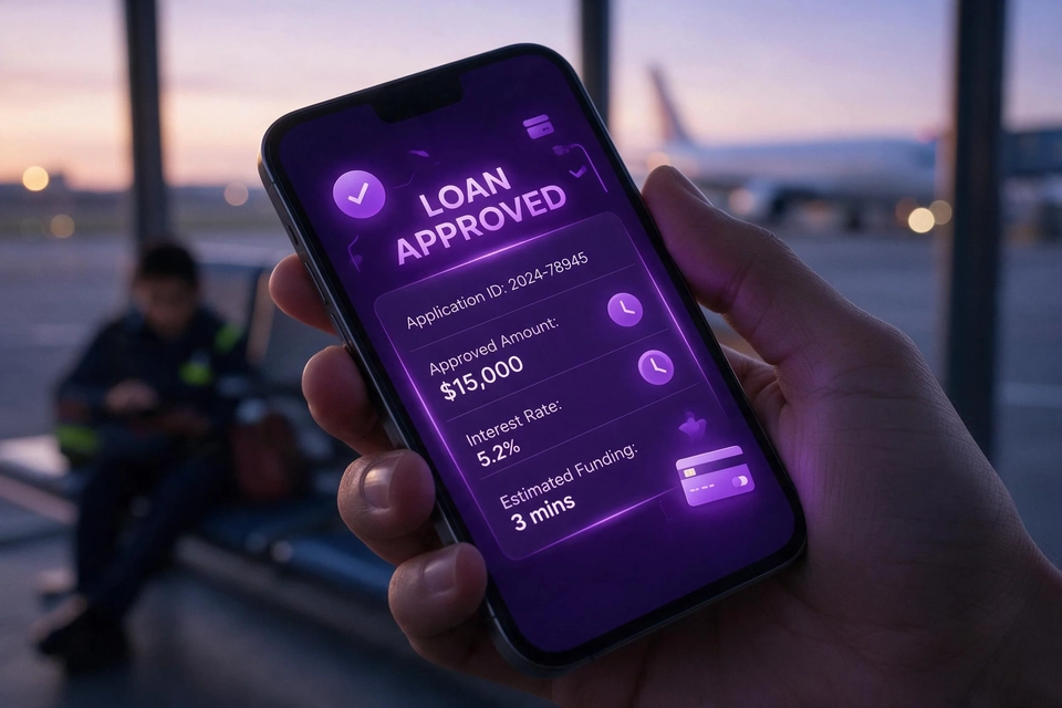 天剛亮的機場巴士站，一名剛下通宵更的地勤人員坐在長椅上，低頭用手機處理事務。
