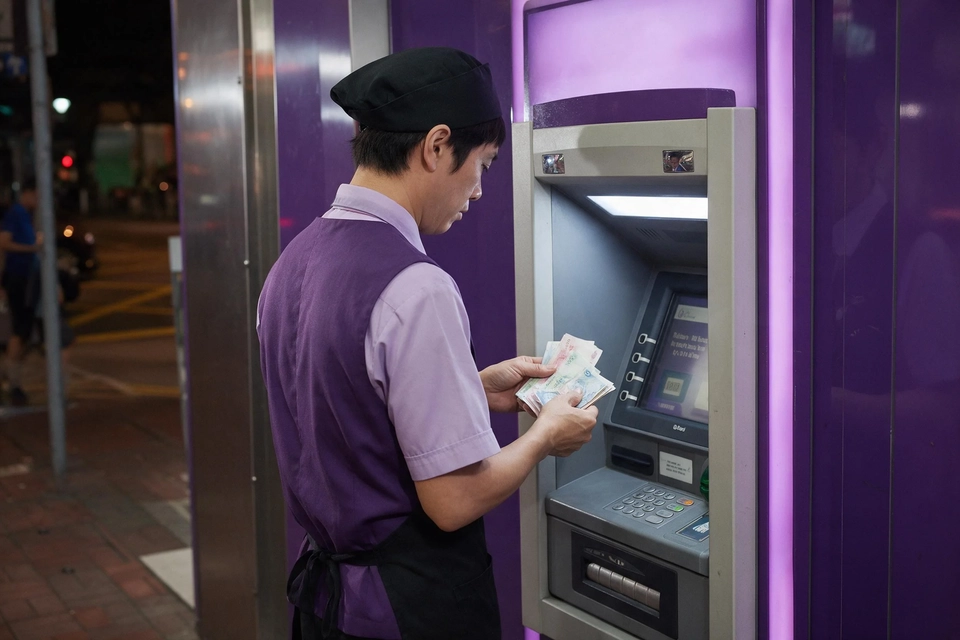 夜晚街邊,穿餐廳制服的員工在自動櫃員機前把現金逐張存入戶口。