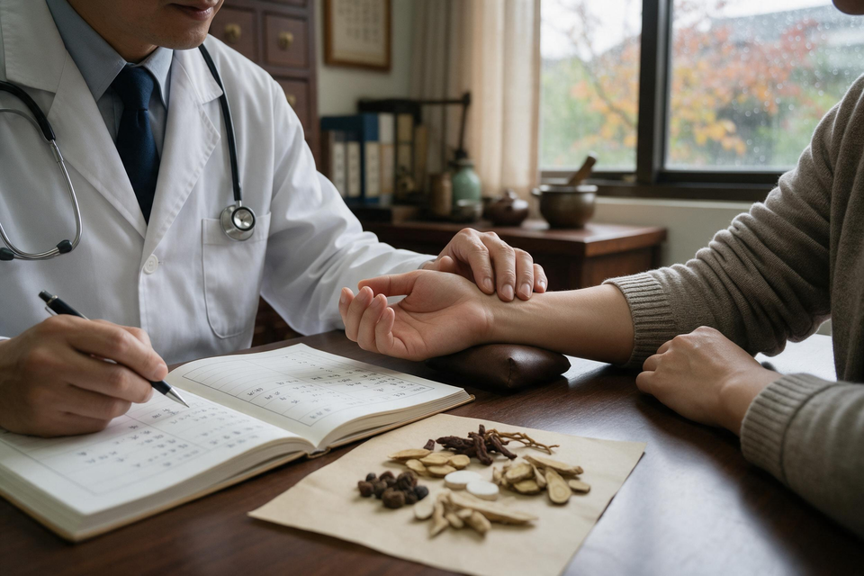 中醫師在診間為患者把脈,桌上放著藥方與中藥材。