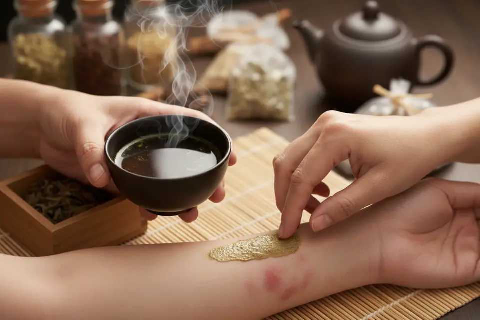 一隻手端著中藥碗,另一隻手將藥膏塗在手臂紅疹處。