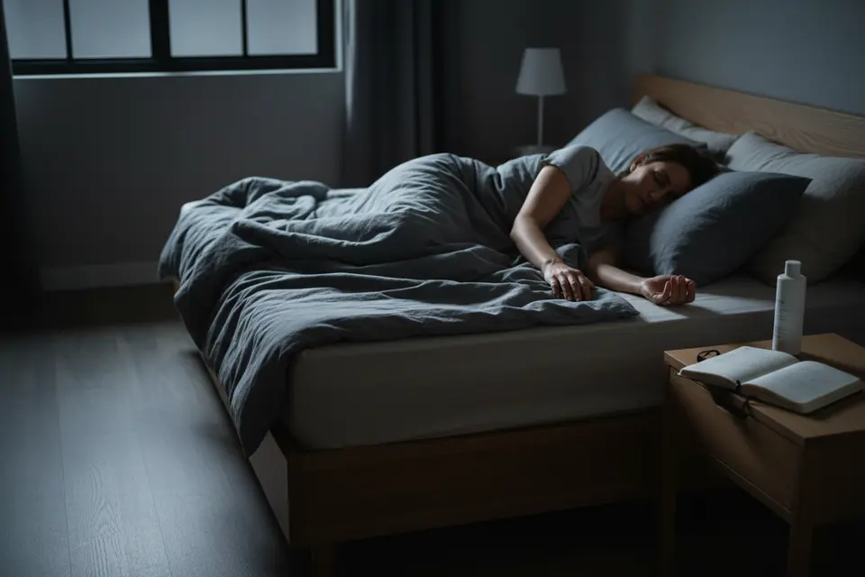 夜晚臥室裡一名成年人安穩熟睡,床頭小桌放著筆記本與保濕乳液,手臂皮膚平滑無紅疹。
