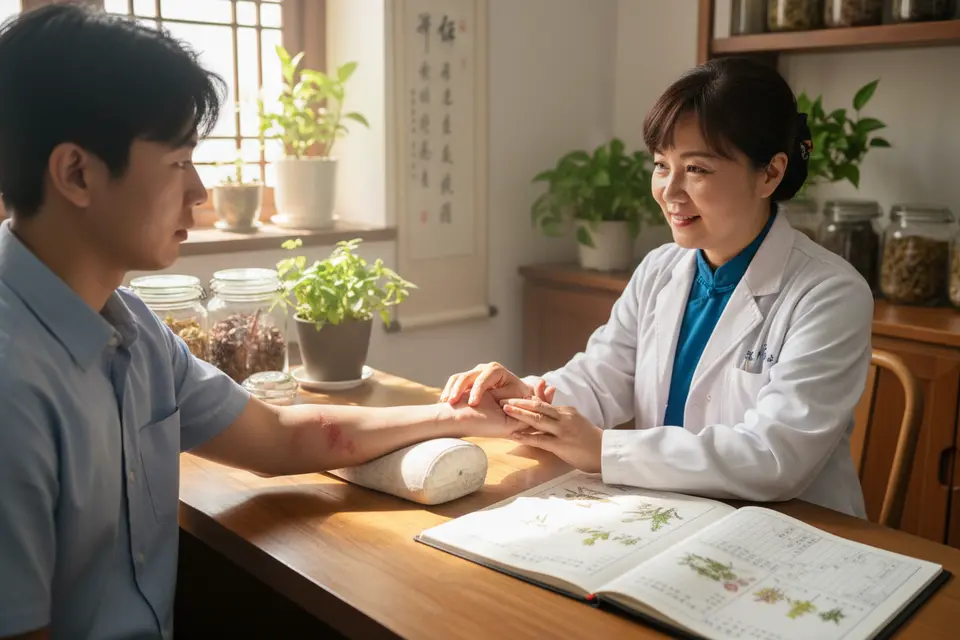 中醫師坐在診間為病人把脈,三指輕按手腕,桌上有脈枕與攤開的紀錄簿。