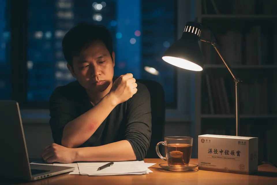 深夜書桌前,一個人加班後抬手檢視手臂上的紅疹,桌上有藥膏與冷掉的茶。