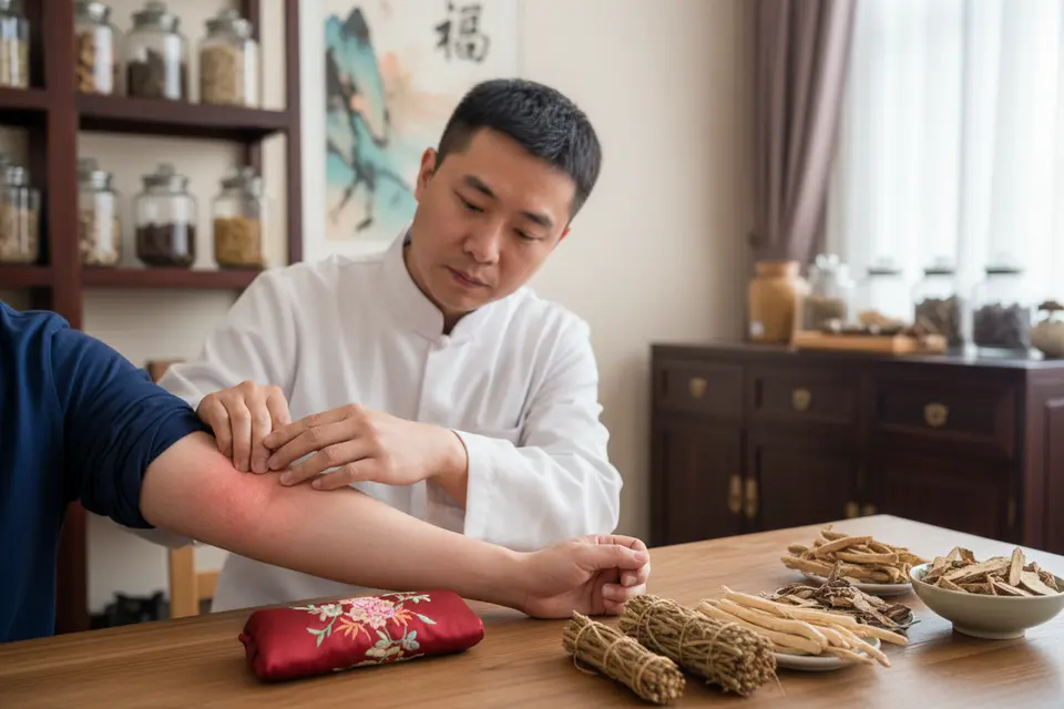 中醫診室內,患者捲起衣袖露出手肘紅疹,醫師正低頭察看皮膚