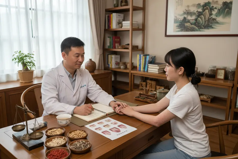 中醫診間中,醫師為患者把脈,桌上放著筆記與藥材
