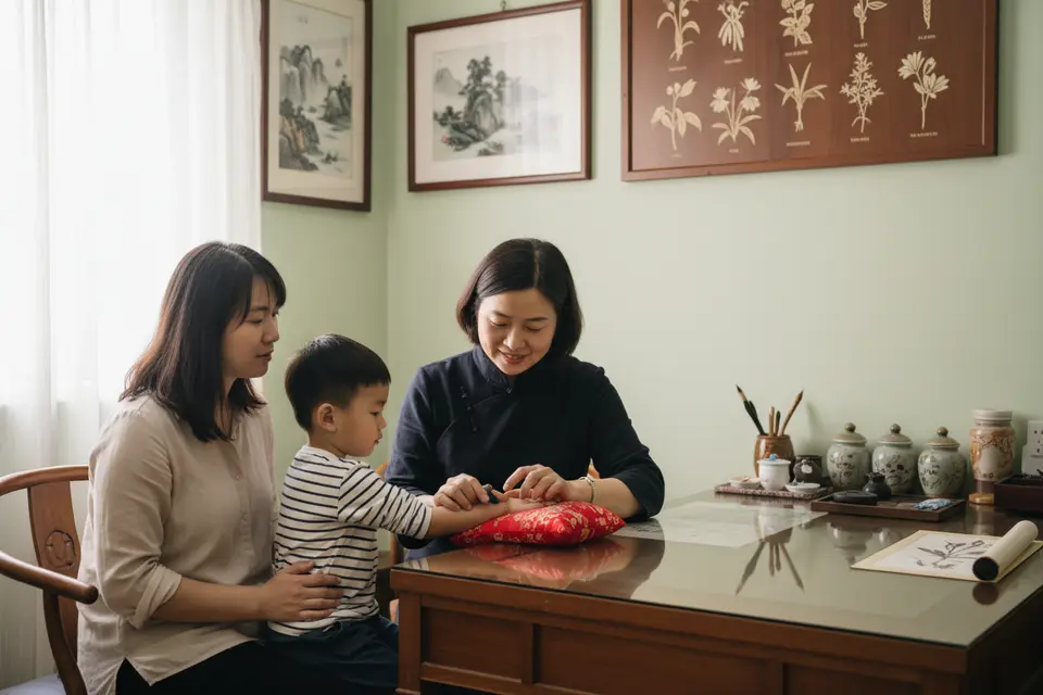 中醫師在診間為孩童把脈,家長在旁陪伴,桌上放著脈枕。