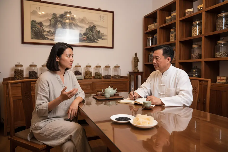 患者與中醫師面對面討論飲食調理,桌上放著黑芝麻與雪耳等食材。