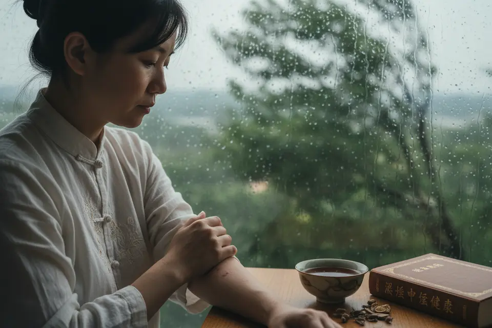 潮濕午後，雨珠凝在窗玻璃上，窗外樹枝被風吹動，女子輕撫手臂內側。