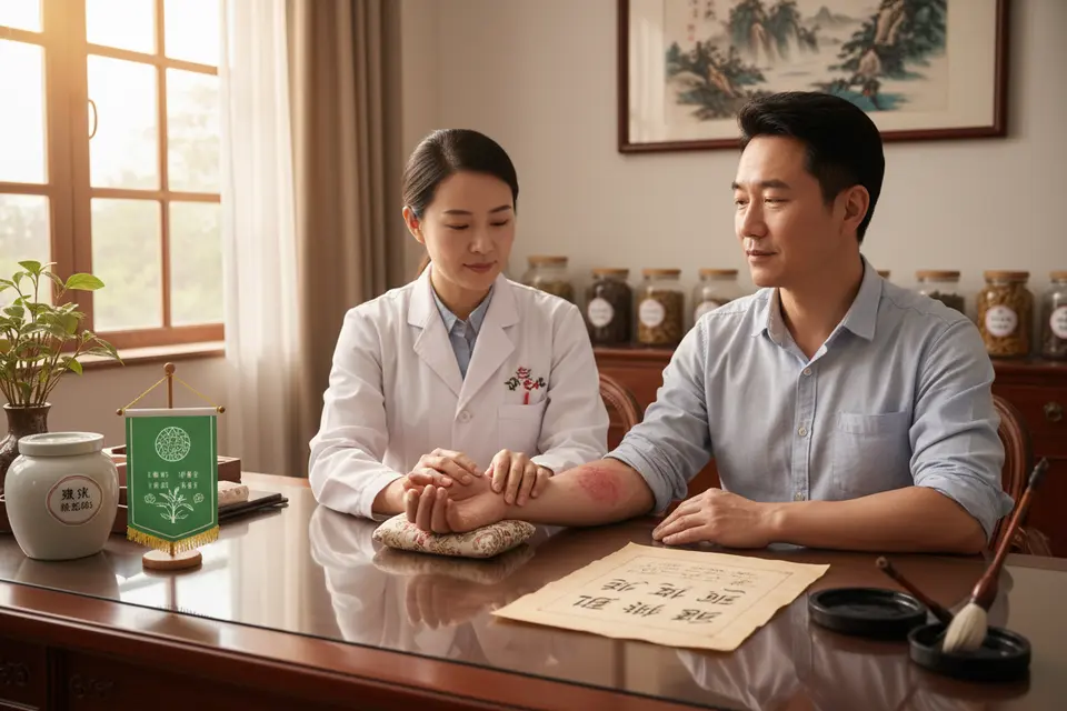 中醫診所診間裡，醫師隔著診桌替患者把脈，桌上放著脈枕與藥方紙。