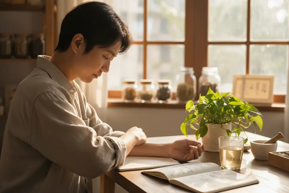 成人在窗邊日光下低頭檢視手臂內側的皮膚,桌上放著筆記本與綠色盆栽。