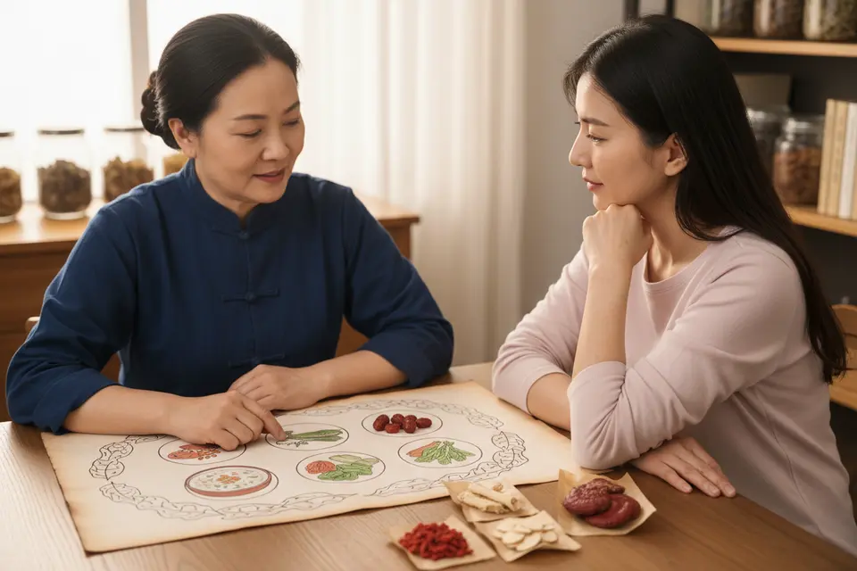中醫師與病人隔桌對坐,桌上攤著飲食清單與幾味中藥材。