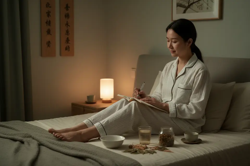 深夜床頭燈下,一個人靠坐床邊在筆記本上記錄飲食,身旁放著一杯溫水。