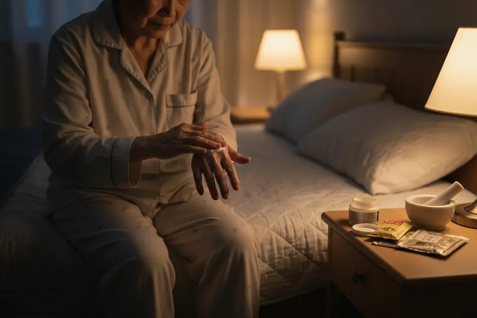 夜間房間裡,一位長者坐在床邊,低頭把乳霜塗在乾燥脫屑的手背上。