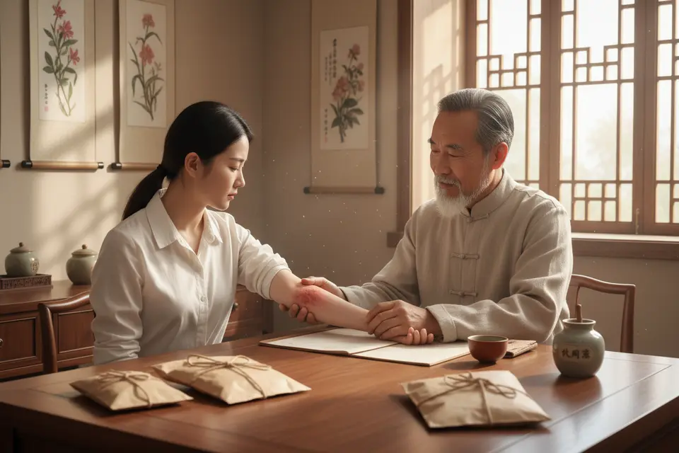 中醫師在診室為手臂內側紅疹的求診者把脈,桌上放著藥包與藥膏。