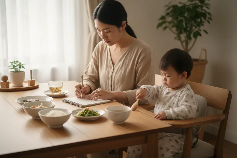 家長在餐桌旁翻看飲食紀錄本,穿棉質衣物的幼兒坐在旁邊,桌上放著清淡飯菜。