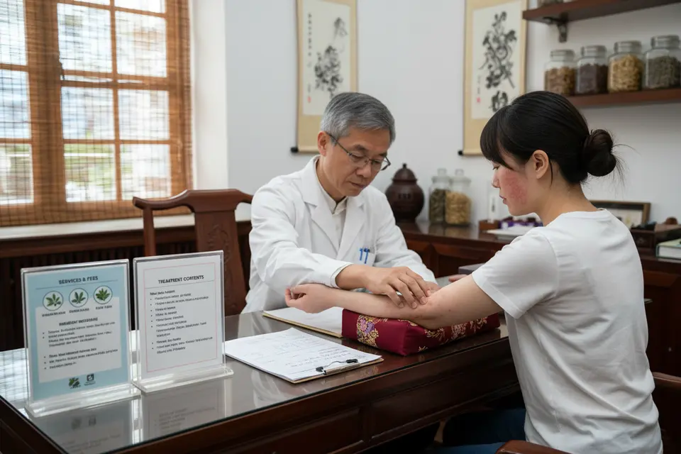 中醫師在診間替坐在對面的患者檢查手臂皮膚,桌上放著病歷與脈枕。