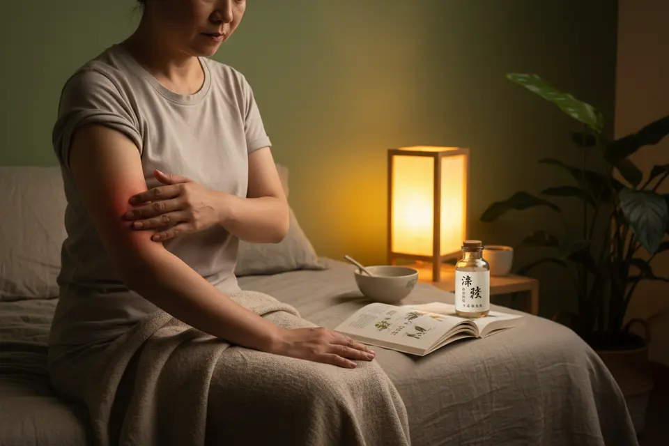 夜裡,一名成人坐在床邊,手臂內側泛紅,抬手輕抓,床頭燈微亮。