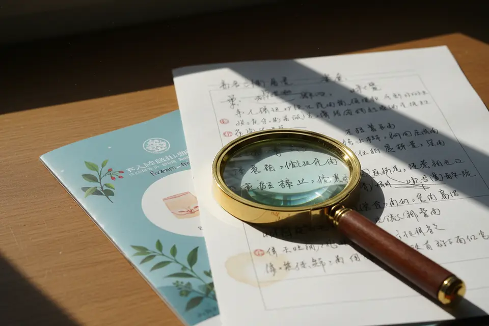 木桌上並排著光滑宣傳單與手寫診療筆記，放大鏡壓在中間，陽光斜照紙面。
