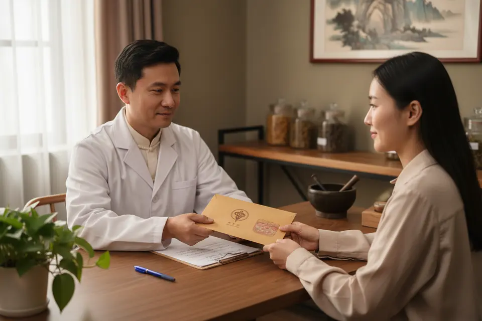 診間裡醫師把轉介信封推向求診者，桌上攤著病歷，兩人隔桌對望、神情平和。