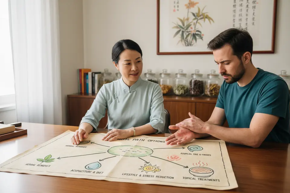 診室裡醫師攤開一張手繪地圖,以四個圖示標出不同路徑,患者低頭對照。