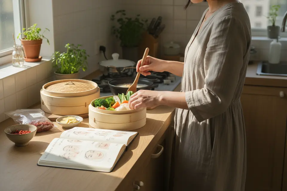 一名女士在廚房準備清淡的蒸煮食材,流理台旁放著一本記錄皮膚狀況的筆記本。