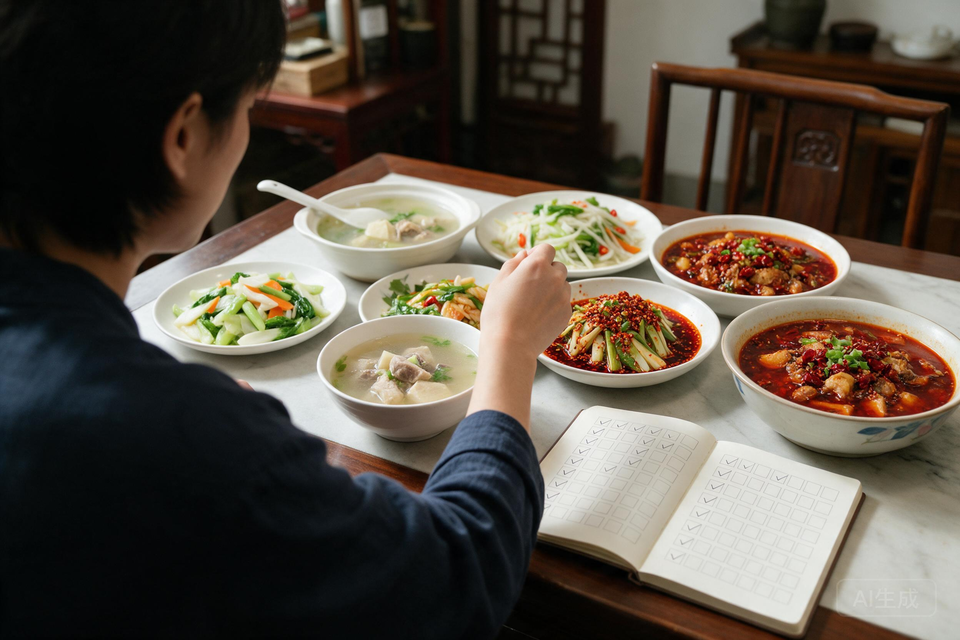 一個人坐在餐桌前挑選菜餚,桌旁放著一本記錄飲食與皮膚變化的筆記本。
