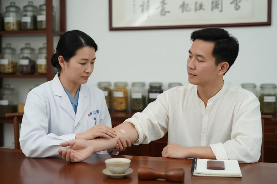 中醫師在診間輕扶患者手臂查看皮膚,患者神情放鬆,桌上有筆記與溫水。