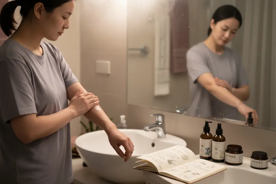 女子在浴室洗手台前塗抹乳膏,旁邊放著筆記本與清潔用品。