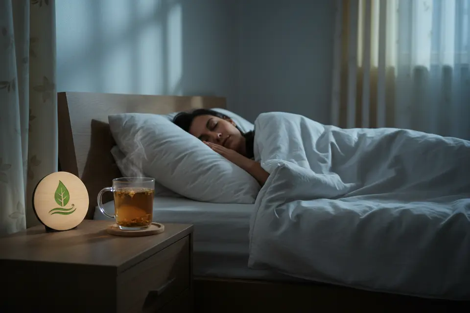 夜晚臥室中,一人安穩熟睡,床頭放著一杯草本茶與柔和月光。