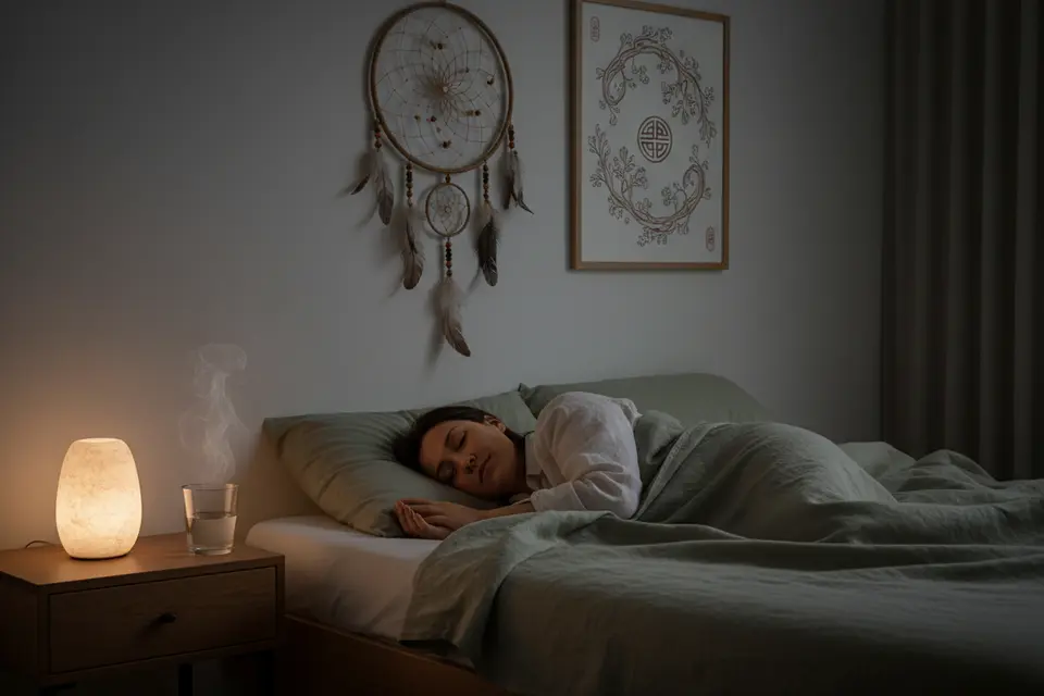 夜晚臥室中,一名成年人安穩入睡,床頭亮著小夜燈。