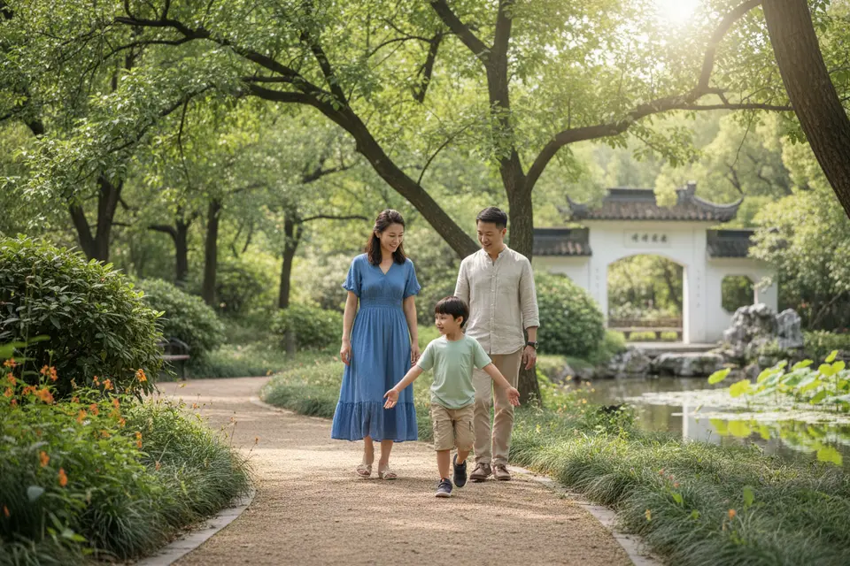 一家人沿著公園步道散步,孩子捲起袖子開心地走著。