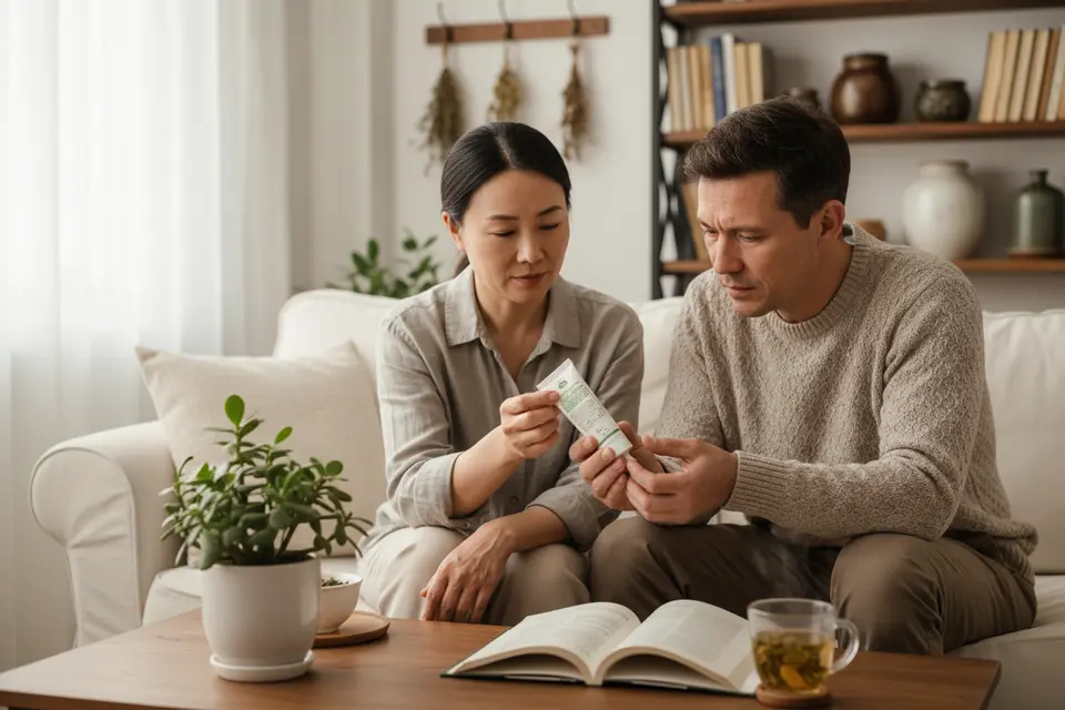 客廳沙發上,一人把用過的藥膏遞給身旁親友,對方遲疑地伸手接過。