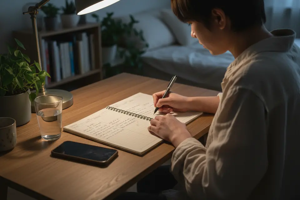 夜晚書桌前,一個人翻開筆記本,逐一記錄皮膚發作與當天作息。