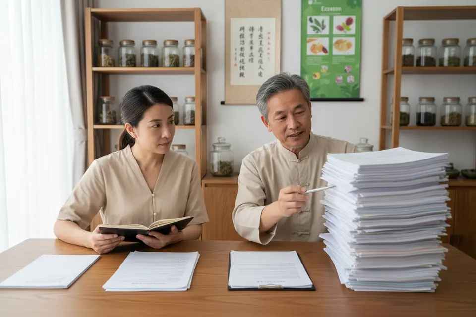 醫師在診間指著桌上厚薄不一的單據向患者解說,患者手拿筆記本專注聆聽。