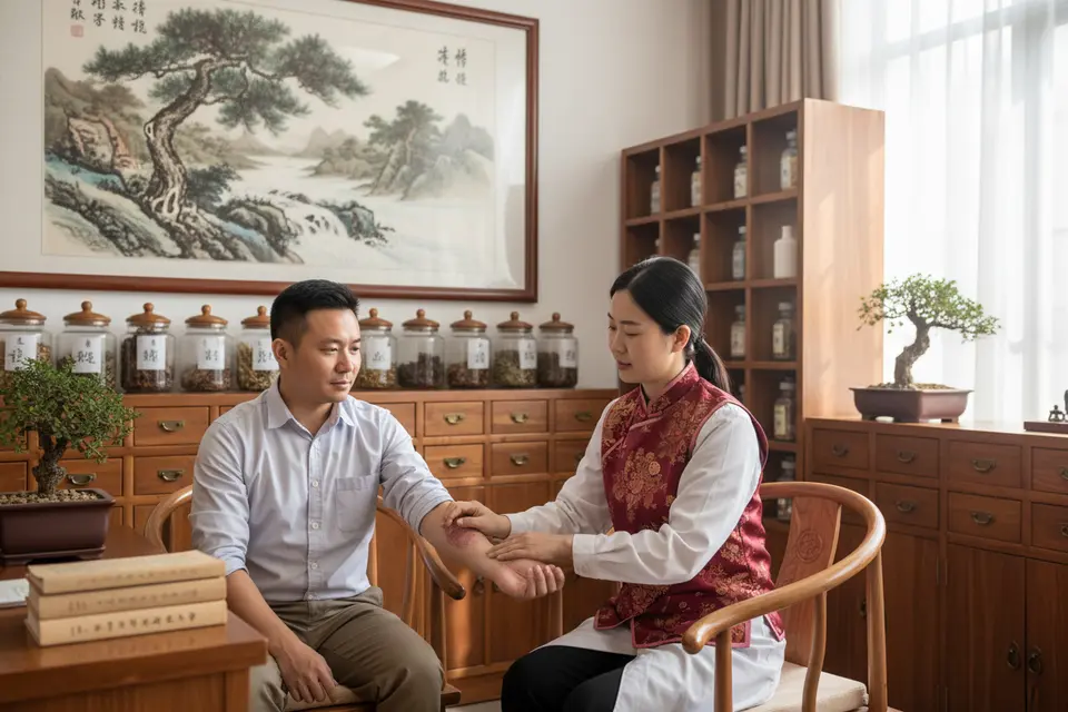 醫師在診間為患者把脈,同時查看手臂上的皮疹狀況。