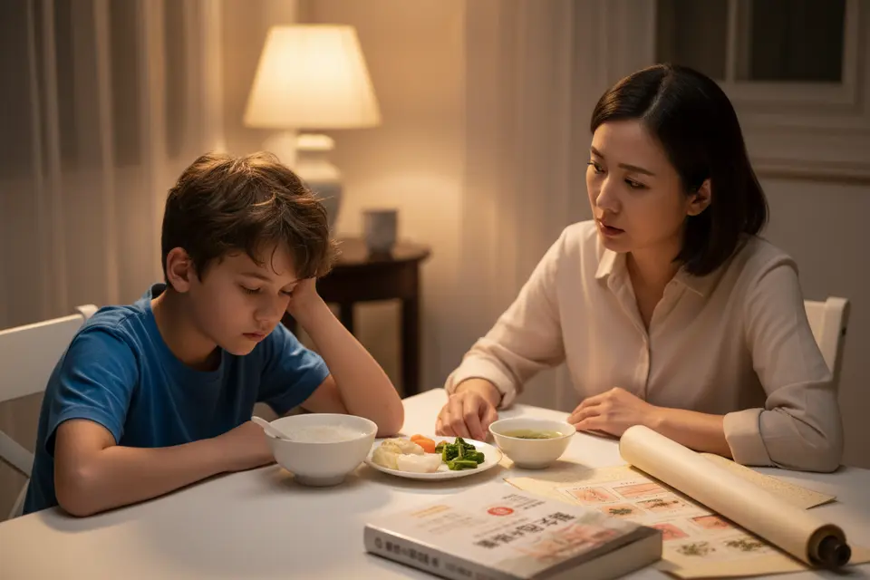 傍晚餐桌旁,學齡男孩托腮望著只動了幾口的飯菜,母親在對面露出擔憂神情。