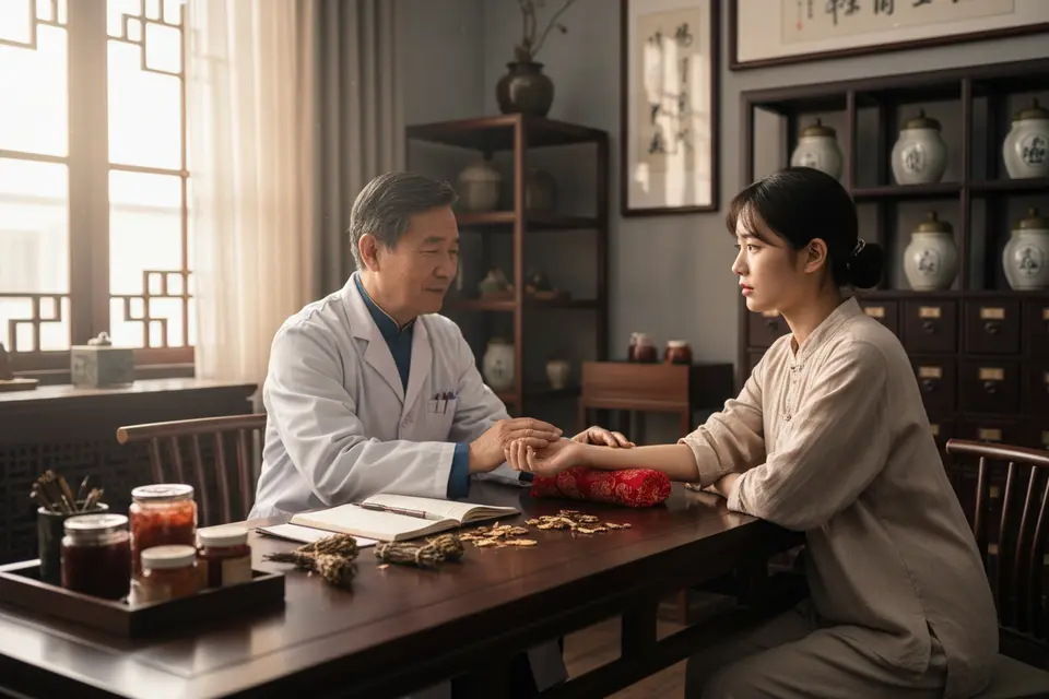 中醫診室裡,醫師正為伸出手臂的患者把脈,桌上擺著脈枕與手寫筆記。