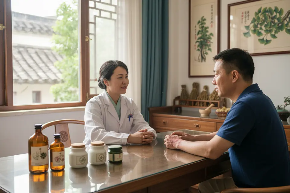 中醫診間內醫師與患者對坐,桌上依序放著洗液、乳膏與藥膏,患者專注聆聽。