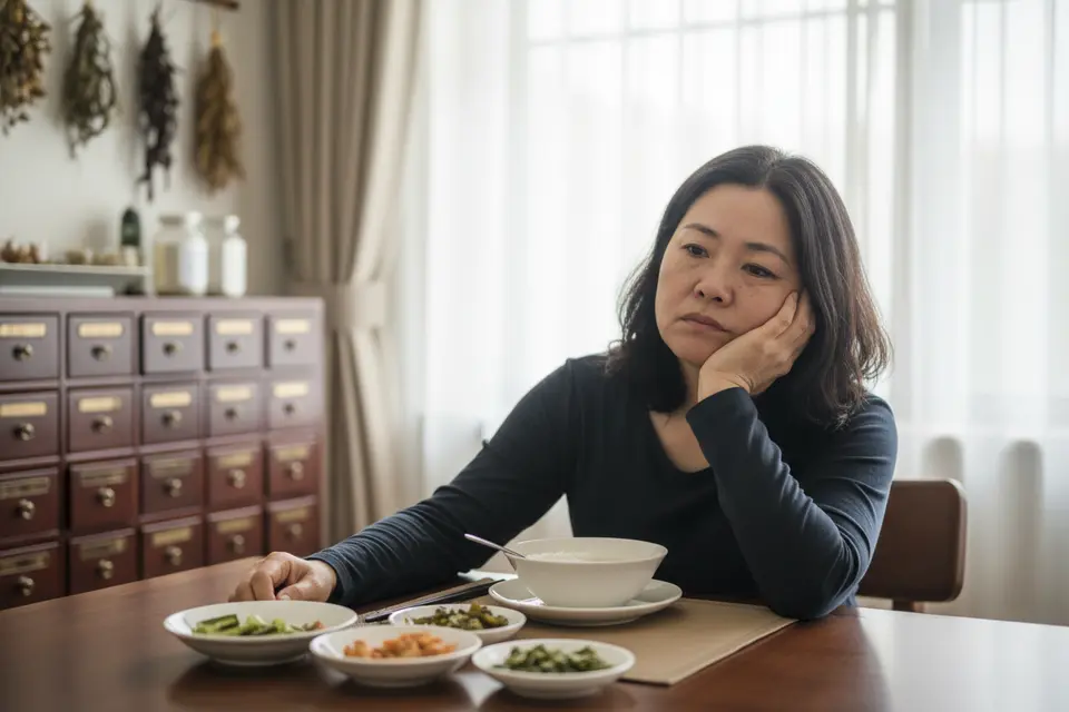 面色略黃的中年人坐在餐桌前,疲倦地看著桌上沒怎麼動過的清淡飯菜。