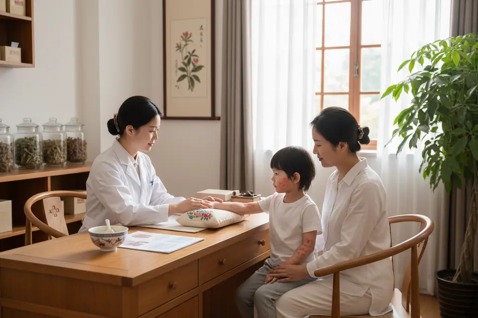 中醫師在診間為幼童把脈,家長坐在旁邊陪伴看著。