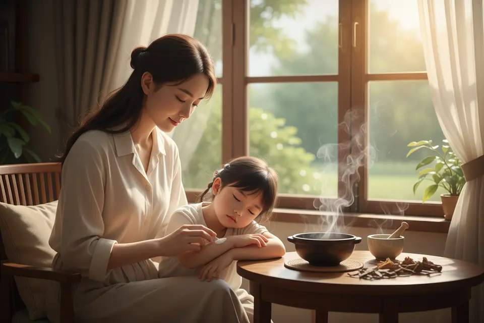 家長在窗邊為孩子塗抹藥膏,桌上放著一碗中藥,晨光柔和。