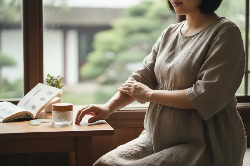 窗邊日光下,孕婦抬手輕撫手臂內側,桌上放著一罐護膚品。