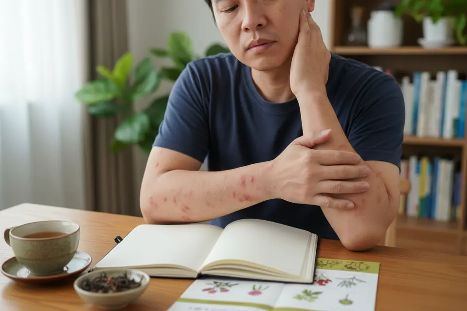 手肘內側與頸側泛紅發癢的人坐在桌前輕按患處,神情疲憊。