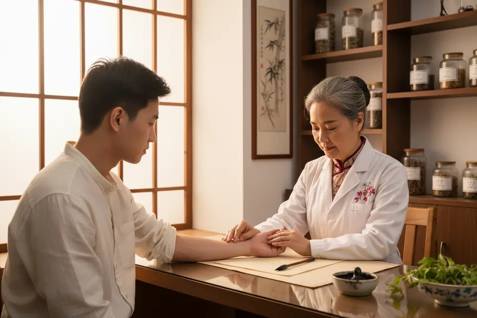 中醫師在診間為患者把脈,患者伸出手腕,桌旁放著記錄紙筆。