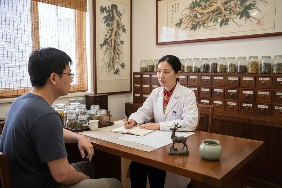 中醫師坐在診桌前向求診者提問,同時在記事本上逐項記錄生活細節。