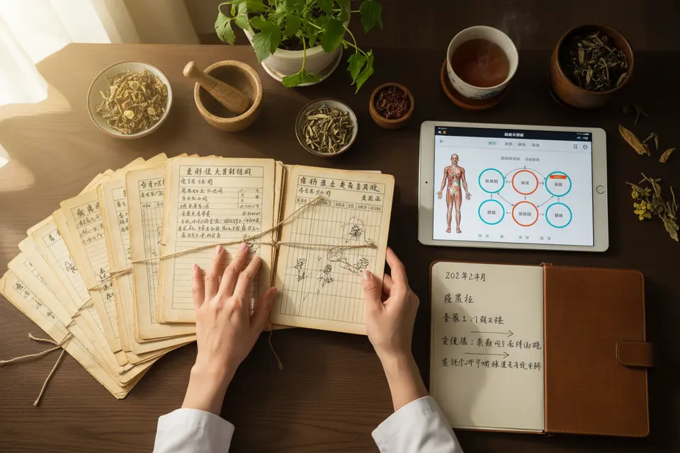中醫師翻開按時間排列的舊病歷,桌上放著本次的紀錄紙。