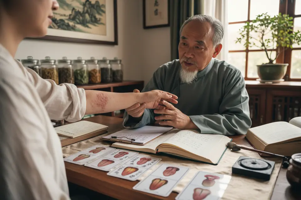 求診者伸出手臂,中醫師在診桌前觀察皮損並對照筆記。