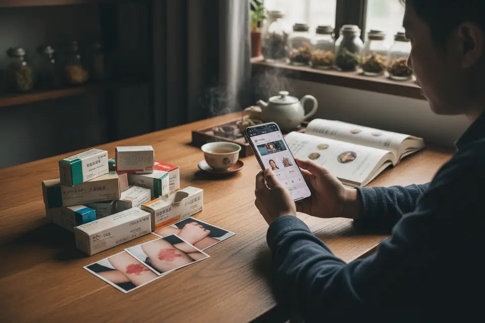 一個人坐在桌前拿手機記錄，旁邊放著舊藥盒與半年前的照片。