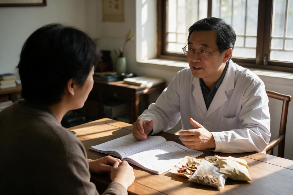 中醫師與求診者隔桌對坐交談,桌上放著病歷與藥包,午後光線柔和。