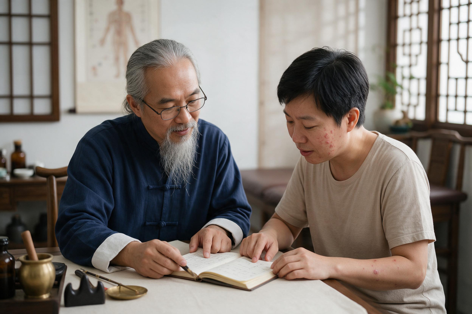 醫師與患者坐在診間，一起翻看治療紀錄，討論後續調整方向。